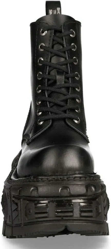 New Rock Boots M-MILI084N-S5 Unisex Metallic Black 100% Leather Platform Military Eyelet Fastening