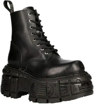 New Rock Boots M-MILI084N-S5 Unisex Metallic Black 100% Leather Platform Military Eyelet Fastening