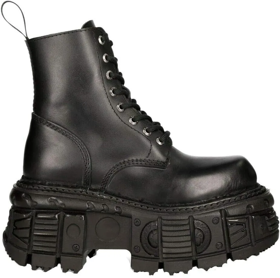 New Rock Boots M-MILI084N-S5 Unisex Metallic Black 100% Leather Platform Military Eyelet Fastening