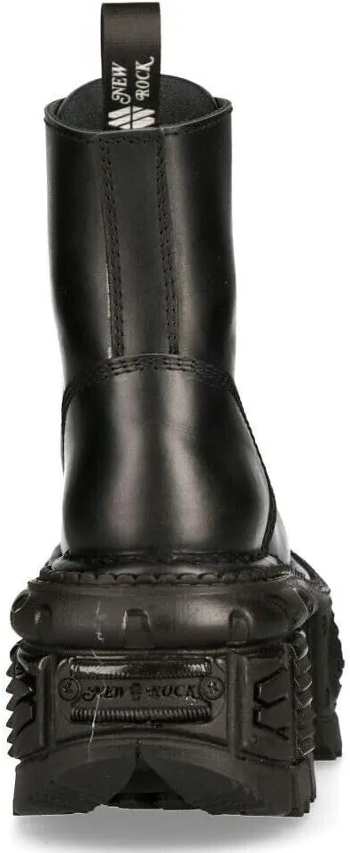 New Rock Boots M-MILI084N-S5 Unisex Metallic Black 100% Leather Platform Military Eyelet Fastening