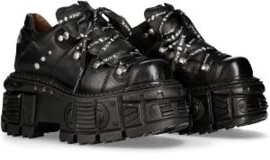New Rock M-TANK120N Women's Black 100% Leather Goth Platform Punk Metal Ankle Boots