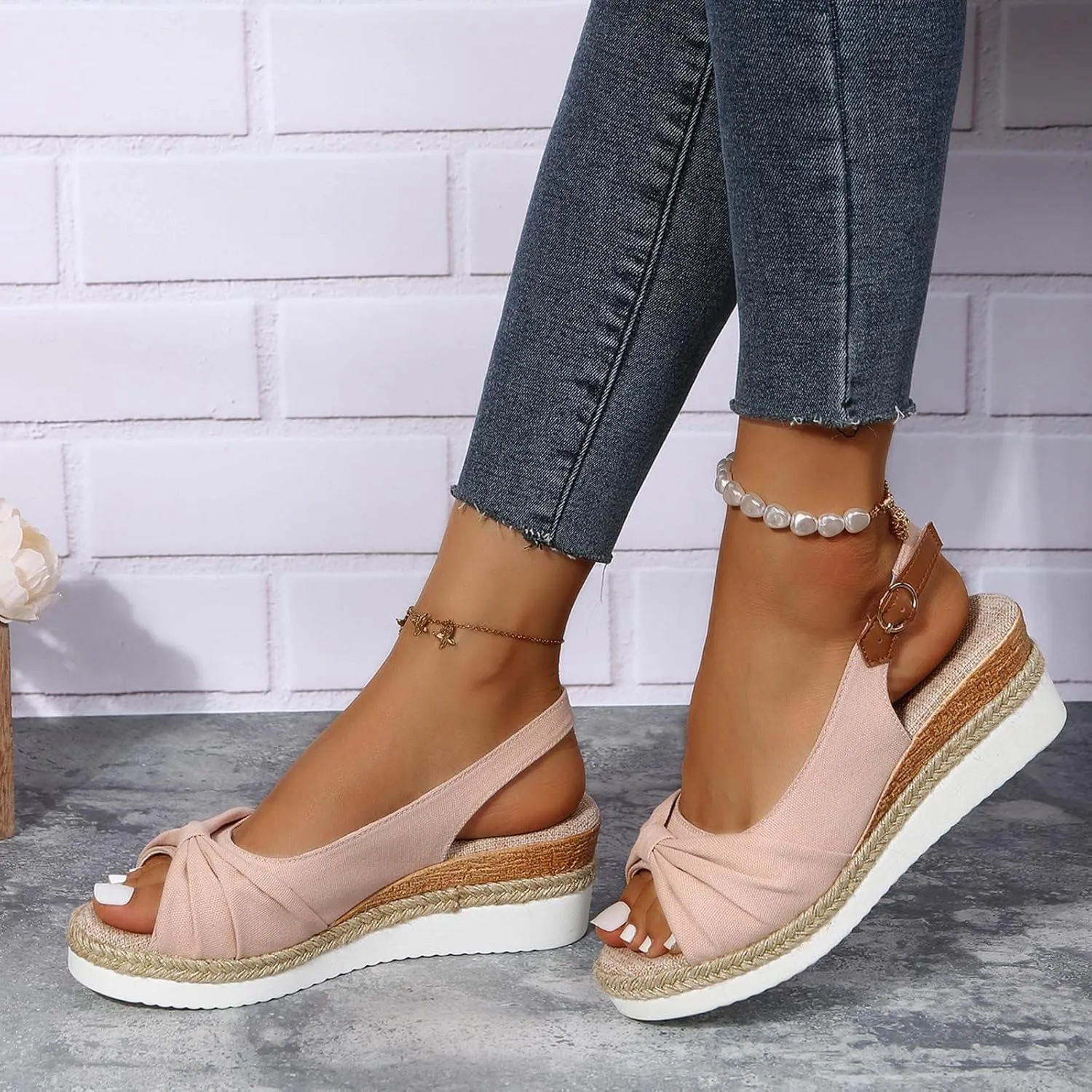oiangi Wedge Sandals for Women Casual Summer Fish Mouth Open Toe Slingback Buckle Hemp Rope Platform Sandals Comfortable Outdoor Ladies Shoes Sandalias