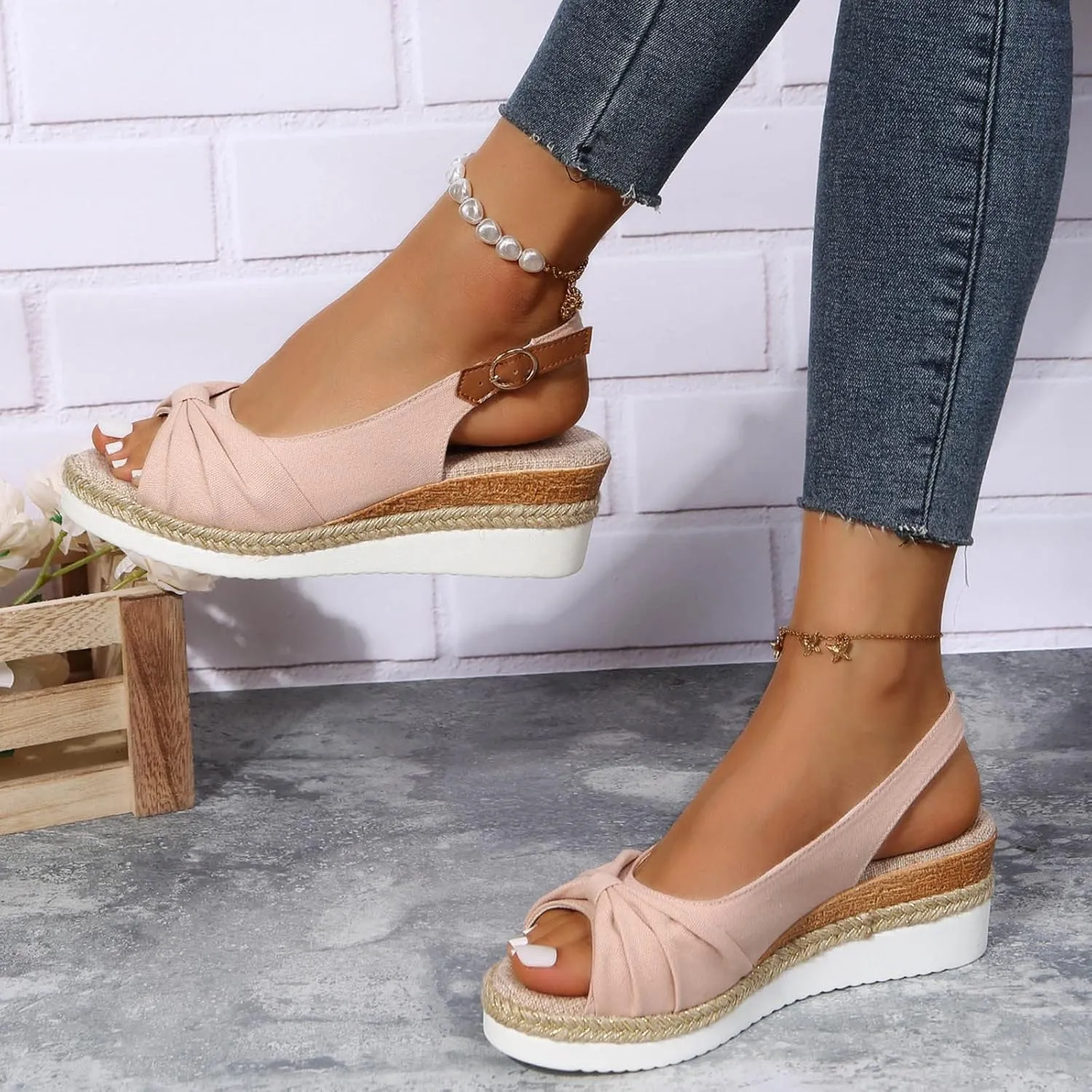 oiangi Wedge Sandals for Women Casual Summer Fish Mouth Open Toe Slingback Buckle Hemp Rope Platform Sandals Comfortable Outdoor Ladies Shoes Sandalias