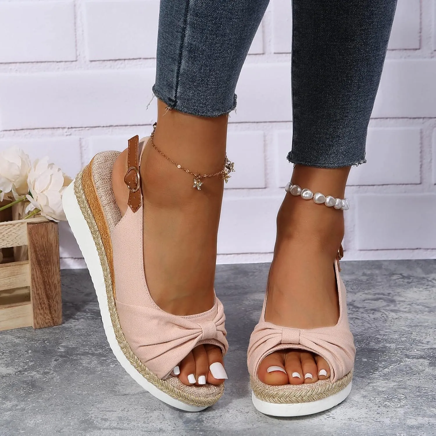 oiangi Wedge Sandals for Women Casual Summer Fish Mouth Open Toe Slingback Buckle Hemp Rope Platform Sandals Comfortable Outdoor Ladies Shoes Sandalias