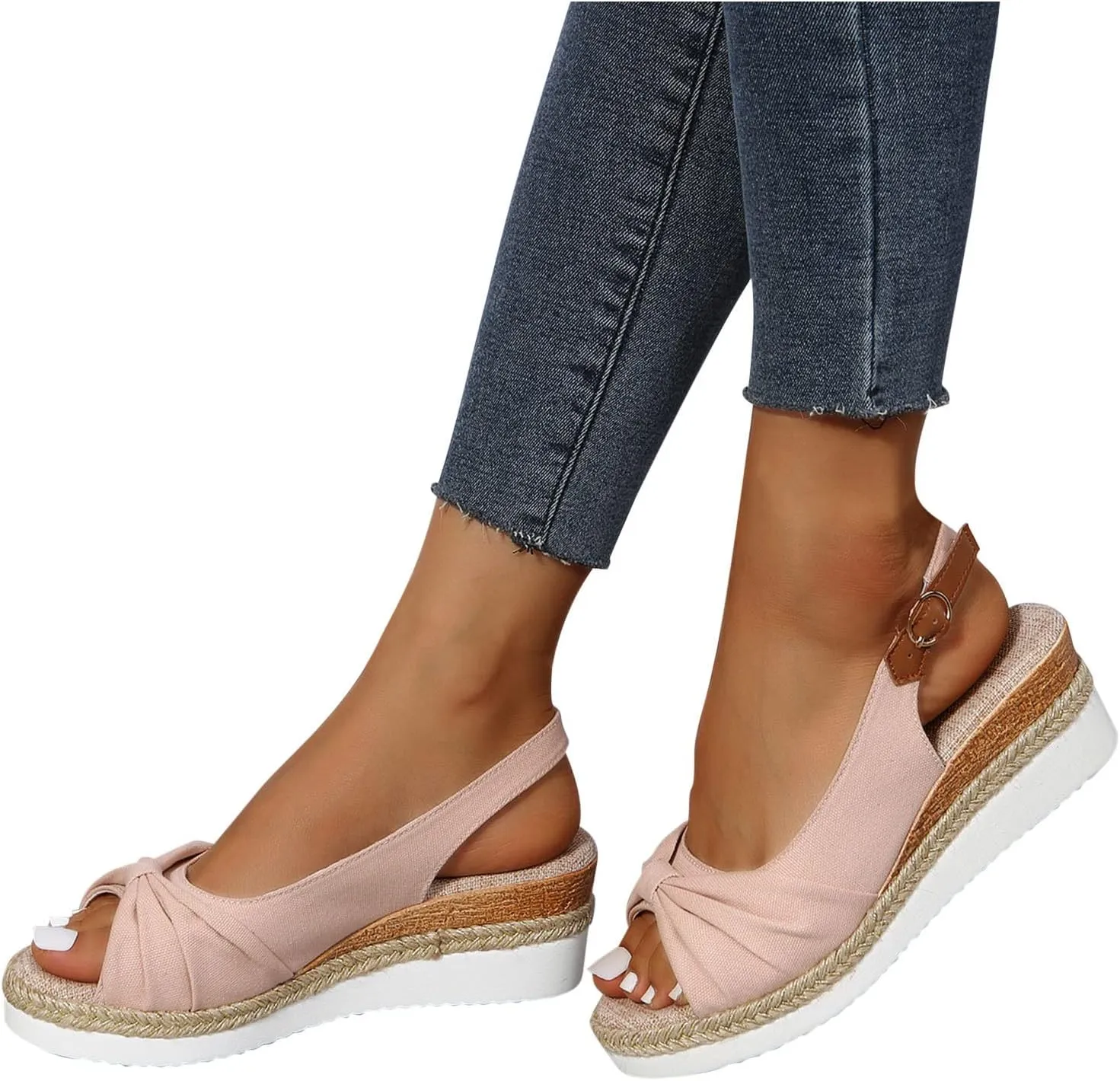oiangi Wedge Sandals for Women Casual Summer Fish Mouth Open Toe Slingback Buckle Hemp Rope Platform Sandals Comfortable Outdoor Ladies Shoes Sandalias