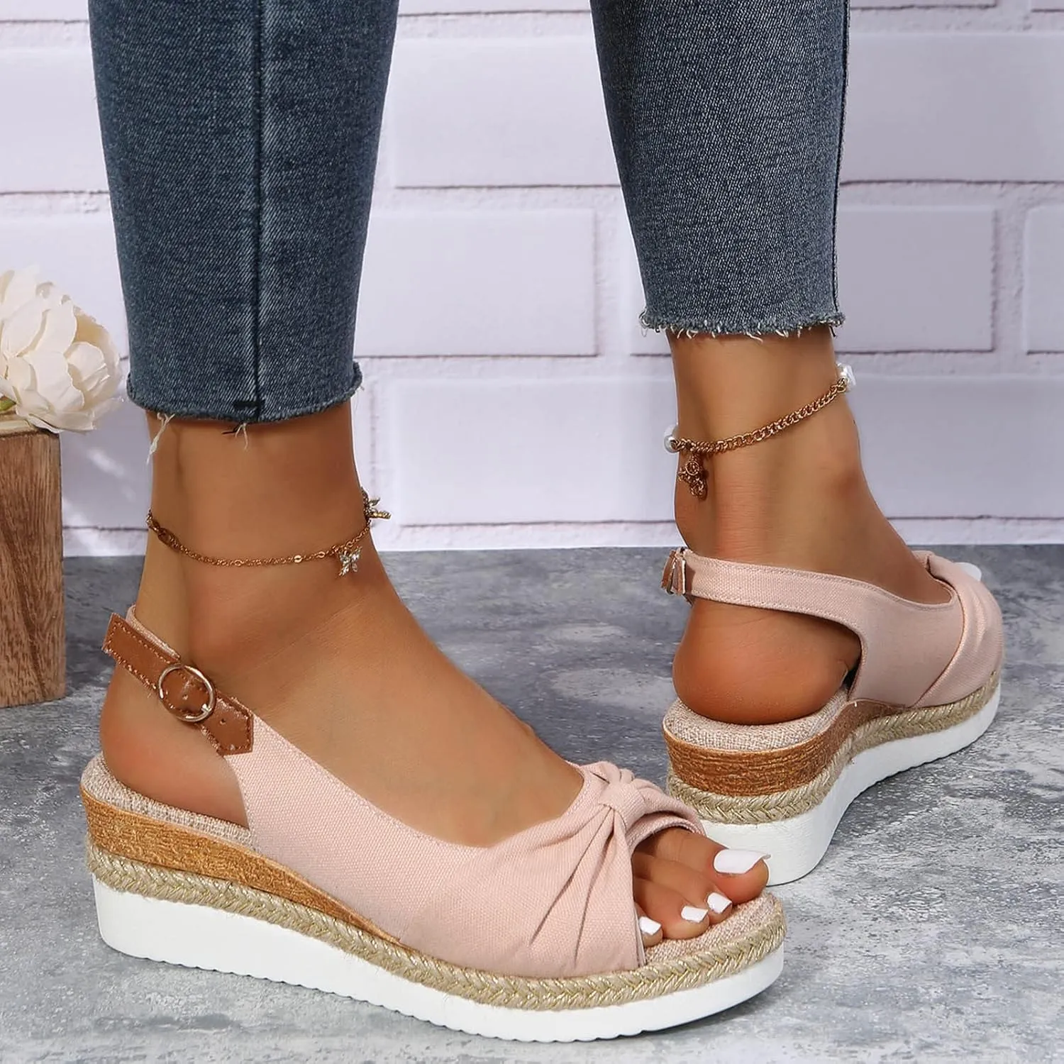 oiangi Wedge Sandals for Women Casual Summer Fish Mouth Open Toe Slingback Buckle Hemp Rope Platform Sandals Comfortable Outdoor Ladies Shoes Sandalias