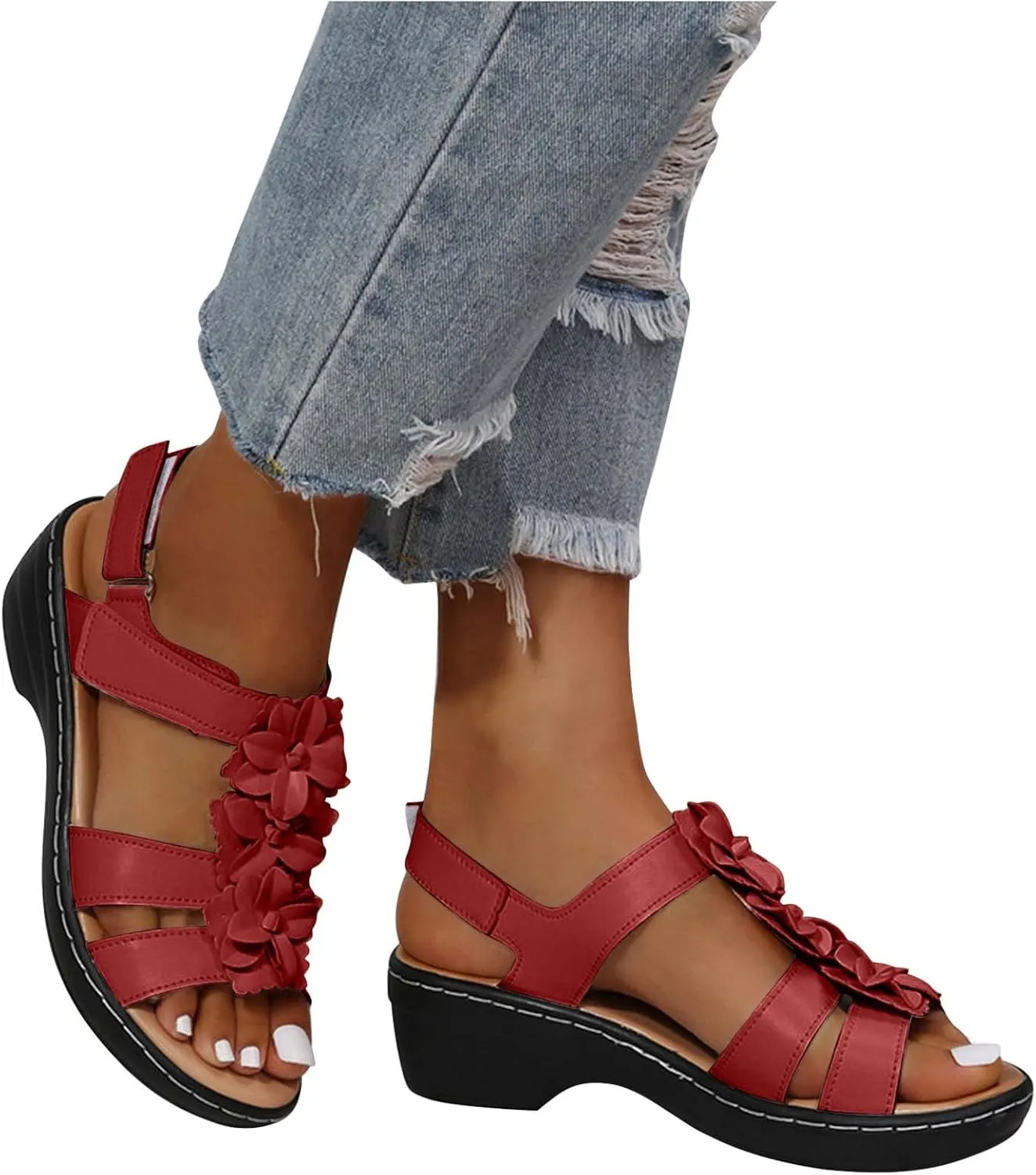 oiangi Wedge Sandals for Women Casual Summer Round Toe Fish Mouth Open Toe Flower Hollow Hook-and-Loop Platform Sandals Comfortable Outdoor Ladies Shoes