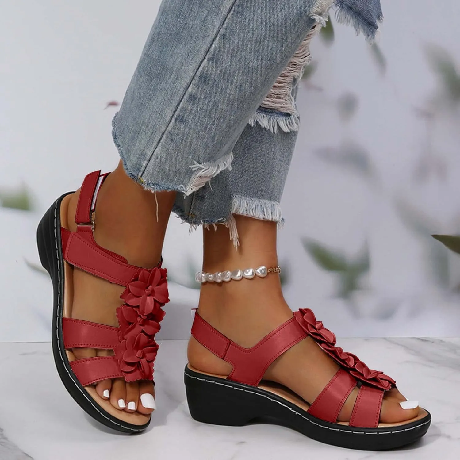 oiangi Wedge Sandals for Women Casual Summer Round Toe Fish Mouth Open Toe Flower Hollow Hook-and-Loop Platform Sandals Comfortable Outdoor Ladies Shoes