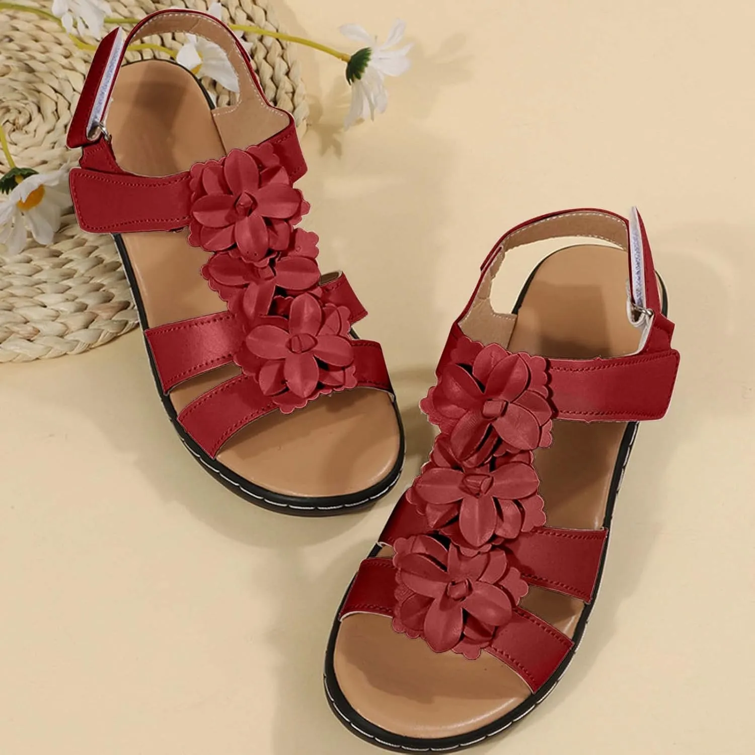 oiangi Wedge Sandals for Women Casual Summer Round Toe Fish Mouth Open Toe Flower Hollow Hook-and-Loop Platform Sandals Comfortable Outdoor Ladies Shoes