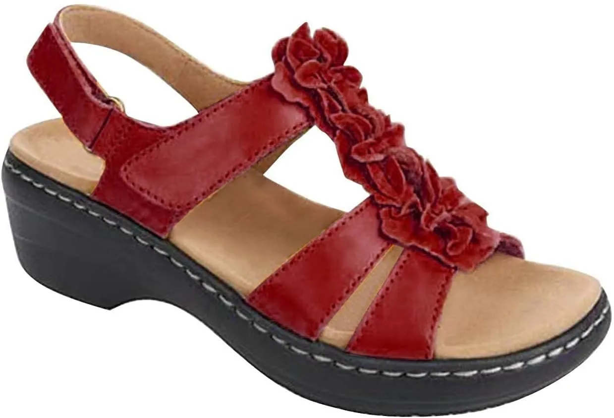 oiangi Wedge Sandals for Women Casual Summer Round Toe Fish Mouth Open Toe Flower Hollow Hook-and-Loop Platform Sandals Comfortable Outdoor Ladies Shoes