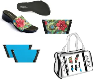 Onesole Leisure Black Travel Kit, Women’s Low Heel Wedge Sandals, Comfy Black Slip On Shoe with Two Sets of Tops in Solid Teal and Floral Print, for Dress and Casual, As seen on Shark Tank