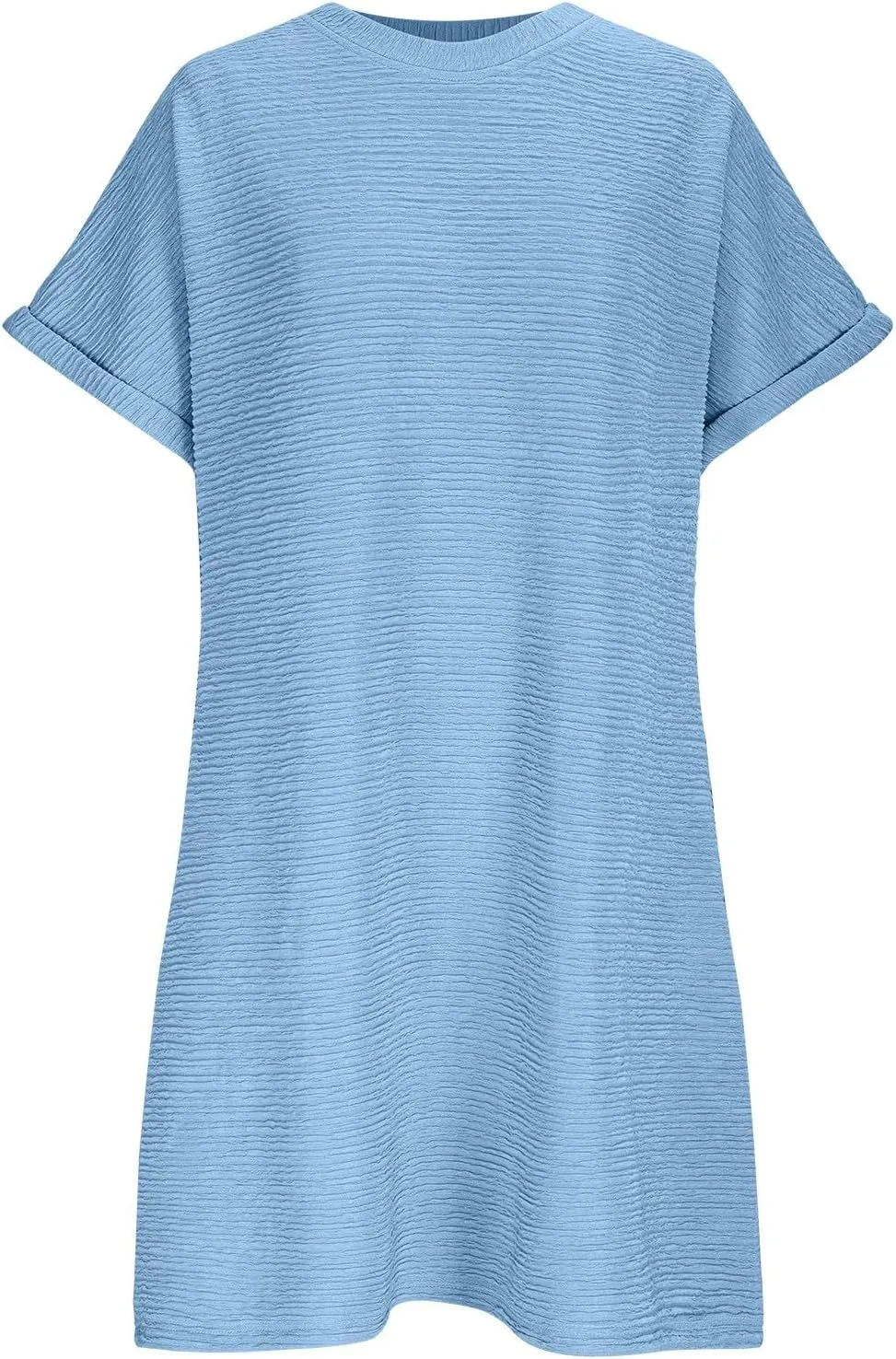 Oplxuo Womens Summer Mini Dresses Textured Short Sleeve Crewneck T Shirt Dress Solid Casual Beach Vacation Dresses