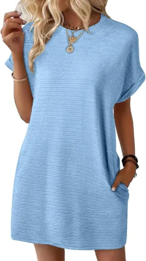 Oplxuo Womens Summer Mini Dresses Textured Short Sleeve Crewneck T Shirt Dress Solid Casual Beach Vacation Dresses