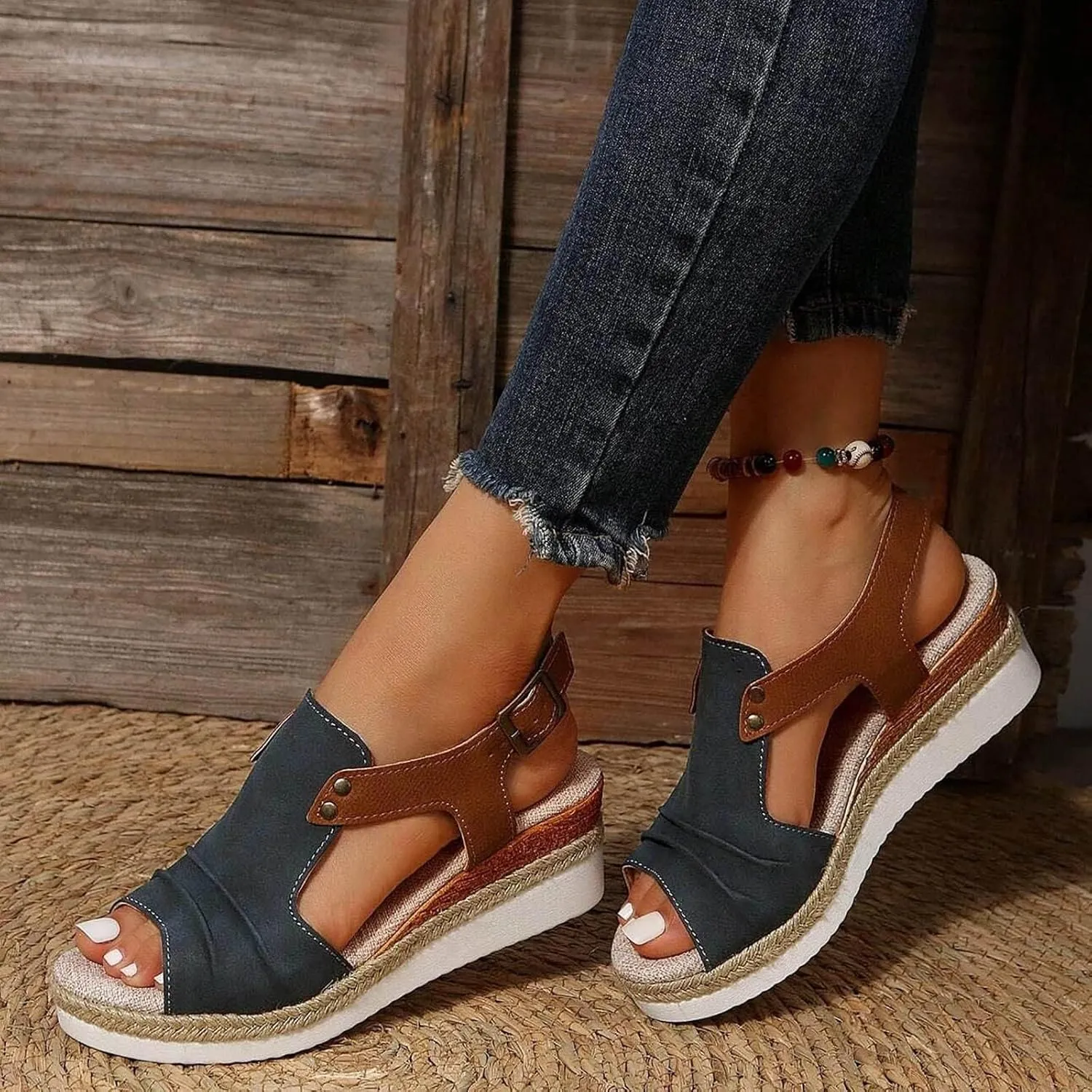 Orthopedic Sandals for Women 2025, Bohemia Breathable Mesh Hollow Open Toe Ankle Strap Wedge Heels Sandals