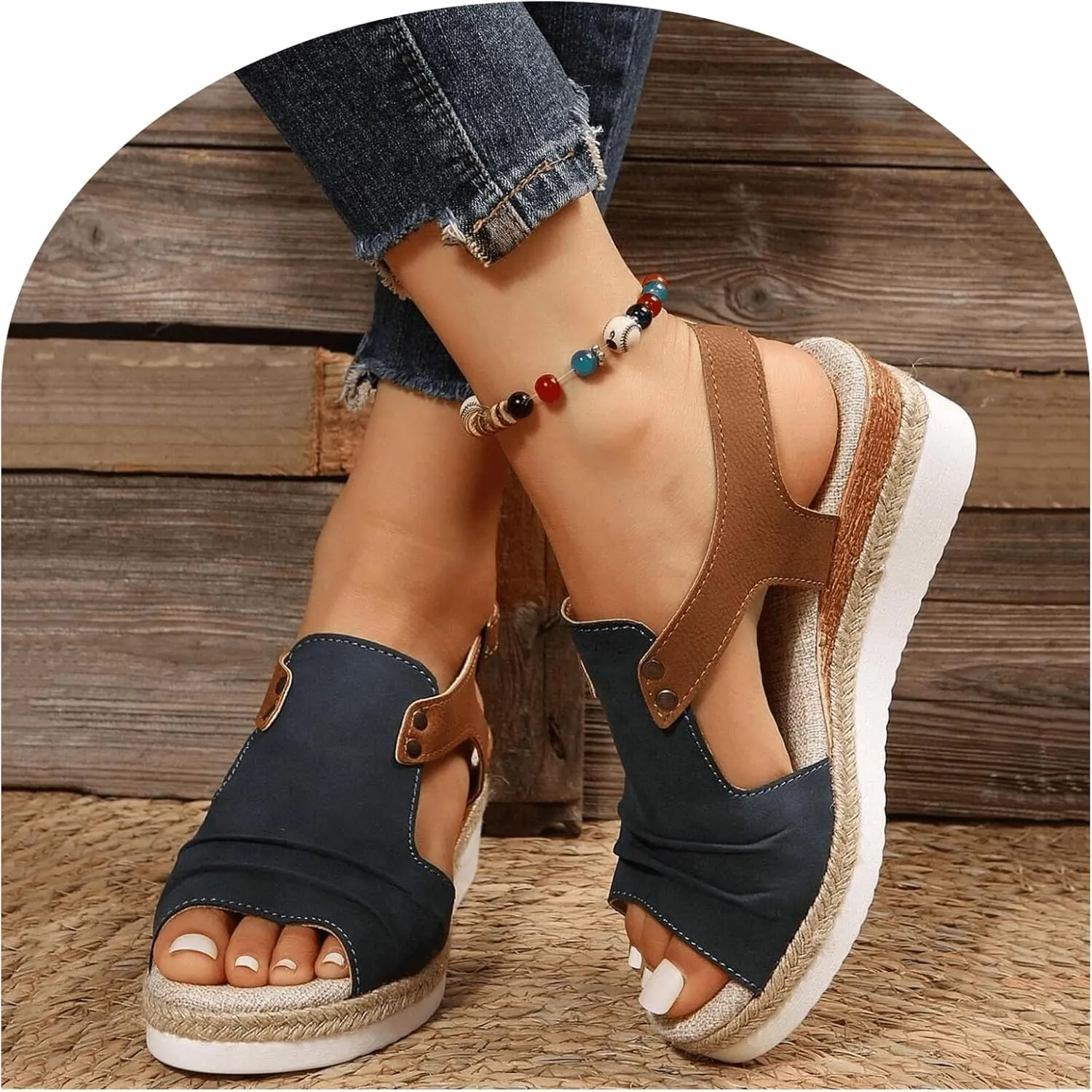 Orthopedic Sandals for Women 2025, Bohemia Breathable Mesh Hollow Open Toe Ankle Strap Wedge Heels Sandals