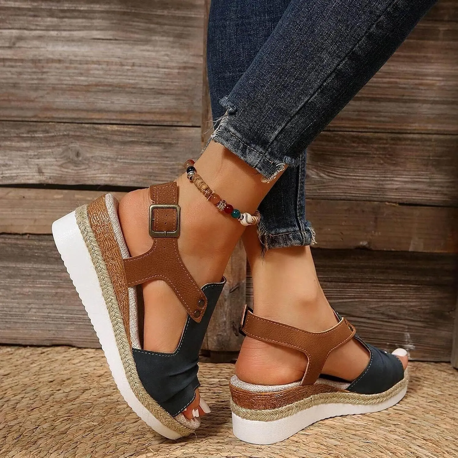 Orthopedic Sandals for Women 2025, Bohemia Breathable Mesh Hollow Open Toe Ankle Strap Wedge Heels Sandals