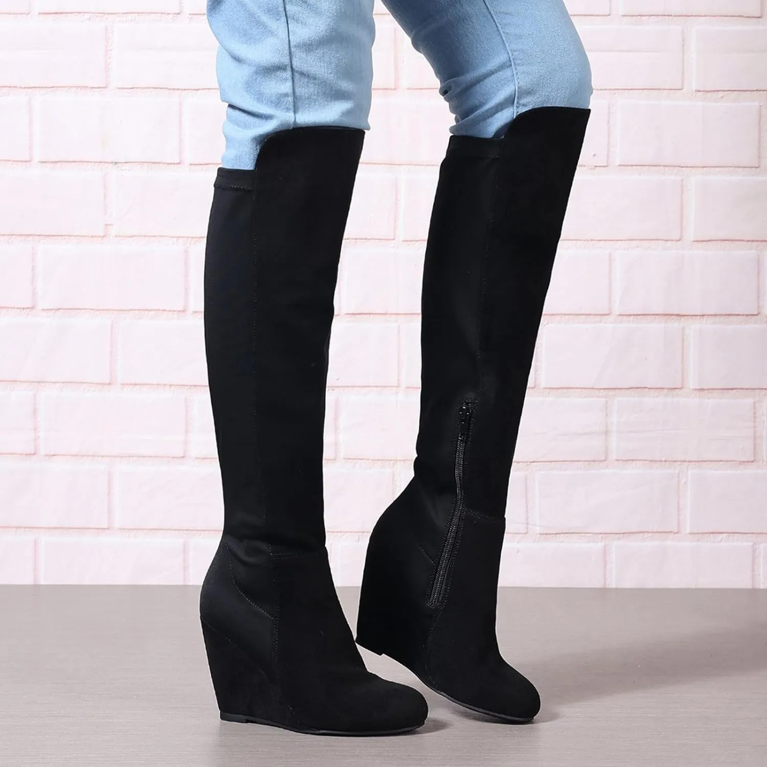 Over the Knee High Boots for Women Wedge Heel Suede Long Stretch Sexy Fashion Tall Boots Black Red US6-11