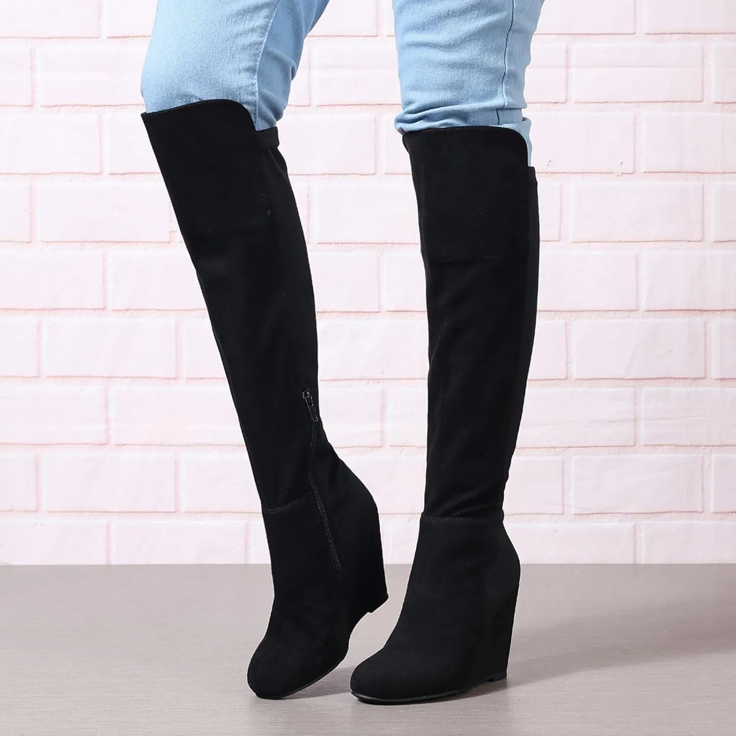 Over the Knee High Boots for Women Wedge Heel Suede Long Stretch Sexy Fashion Tall Boots Black Red US6-11