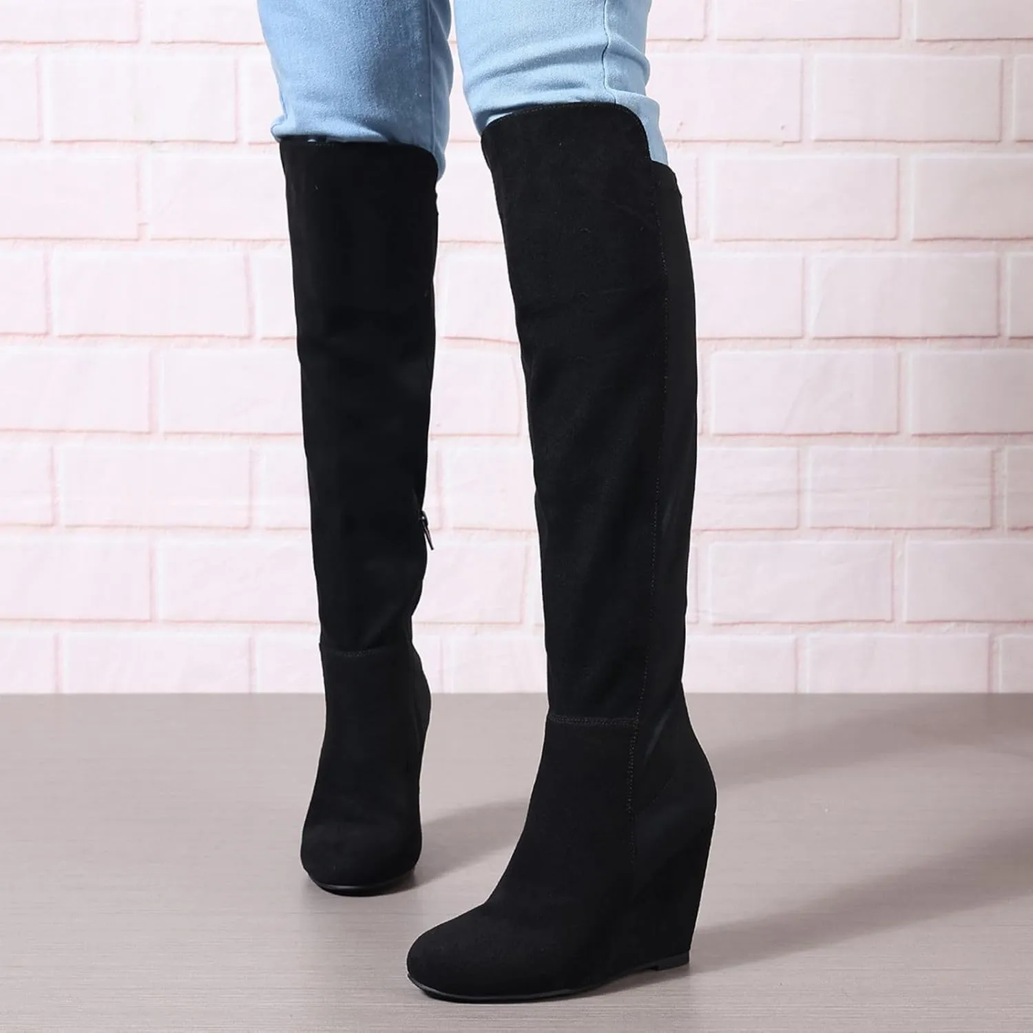 Over the Knee High Boots for Women Wedge Heel Suede Long Stretch Sexy Fashion Tall Boots Black Red US6-11