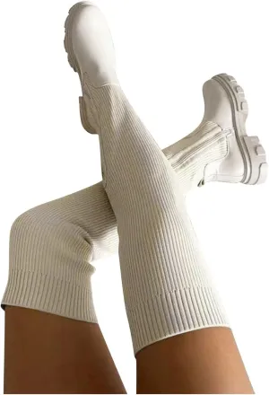 owillhua Women's Thigh High Boots Over-the-Knee Boots Stretchy Knit Round Toe Knee High Boots Black Suede Platform Boots