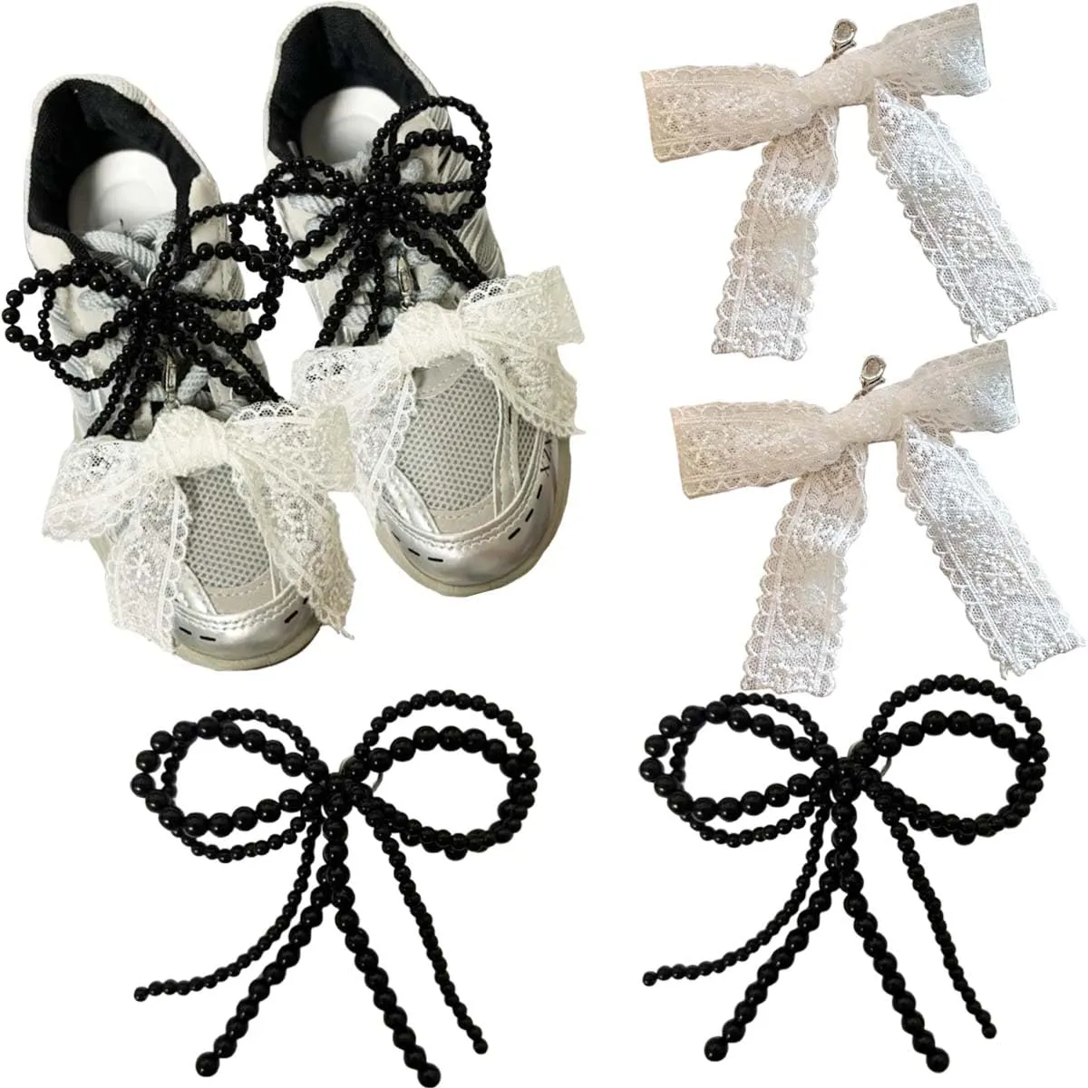 Pearls Bow knot Shoe Charms for Sneakers Shoe Lace Charms Decorations Elegant Pearl Beaded Chain for Women Cute DIY Shoe Accessories for Wedding Gift (black)