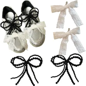 Pearls Bow knot Shoe Charms for Sneakers Shoe Lace Charms Decorations Elegant Pearl Beaded Chain for Women Cute DIY Shoe Accessories for Wedding Gift (black)