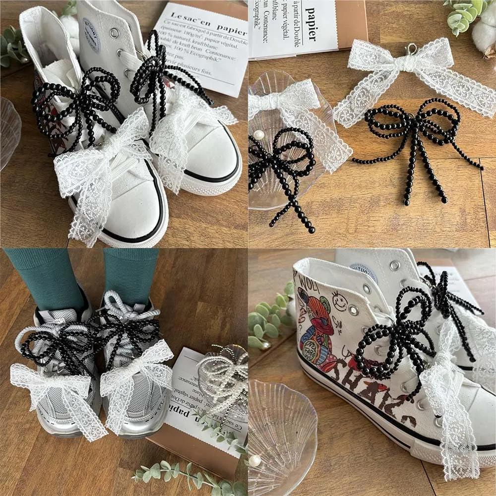 Pearls Bow knot Shoe Charms for Sneakers Shoe Lace Charms Decorations Elegant Pearl Beaded Chain for Women Cute DIY Shoe Accessories for Wedding Gift (black)