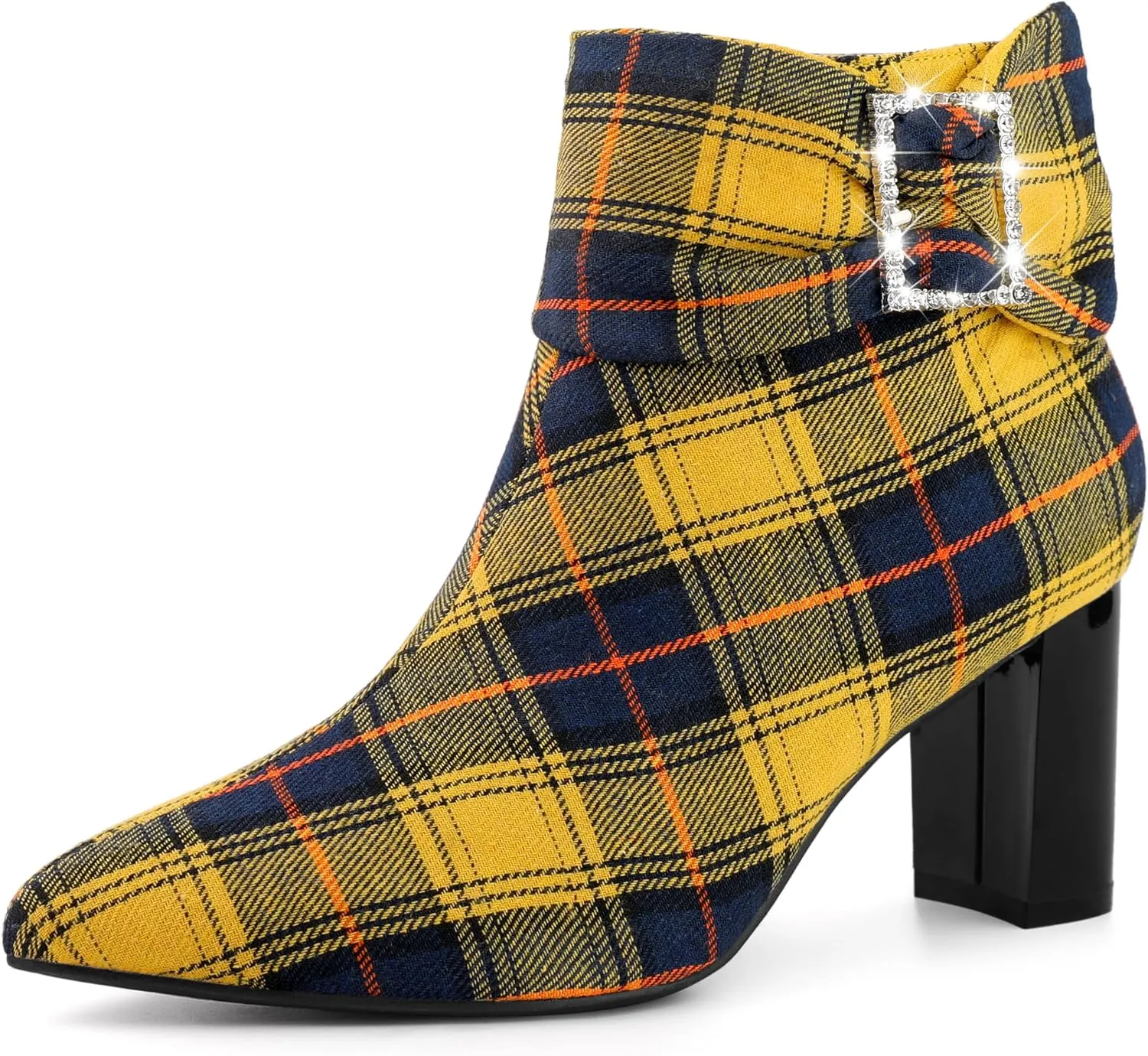 Perphy Plaid Pointy Toe Rhinestone Bow Zipper Chunky Heels Ankle Boots for Women