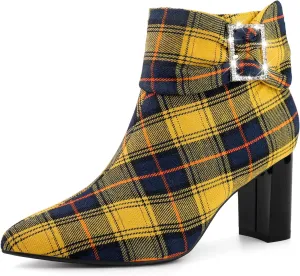 Perphy Plaid Pointy Toe Rhinestone Bow Zipper Chunky Heels Ankle Boots for Women