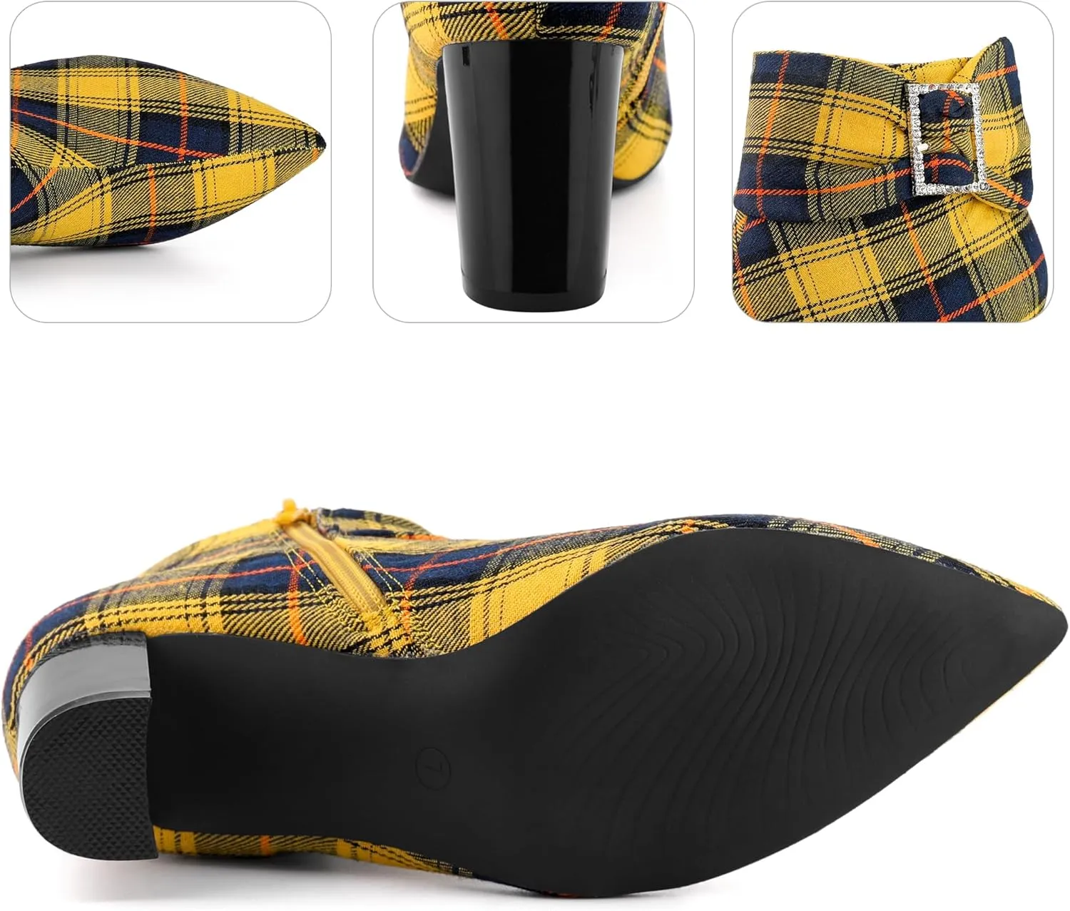Perphy Plaid Pointy Toe Rhinestone Bow Zipper Chunky Heels Ankle Boots for Women
