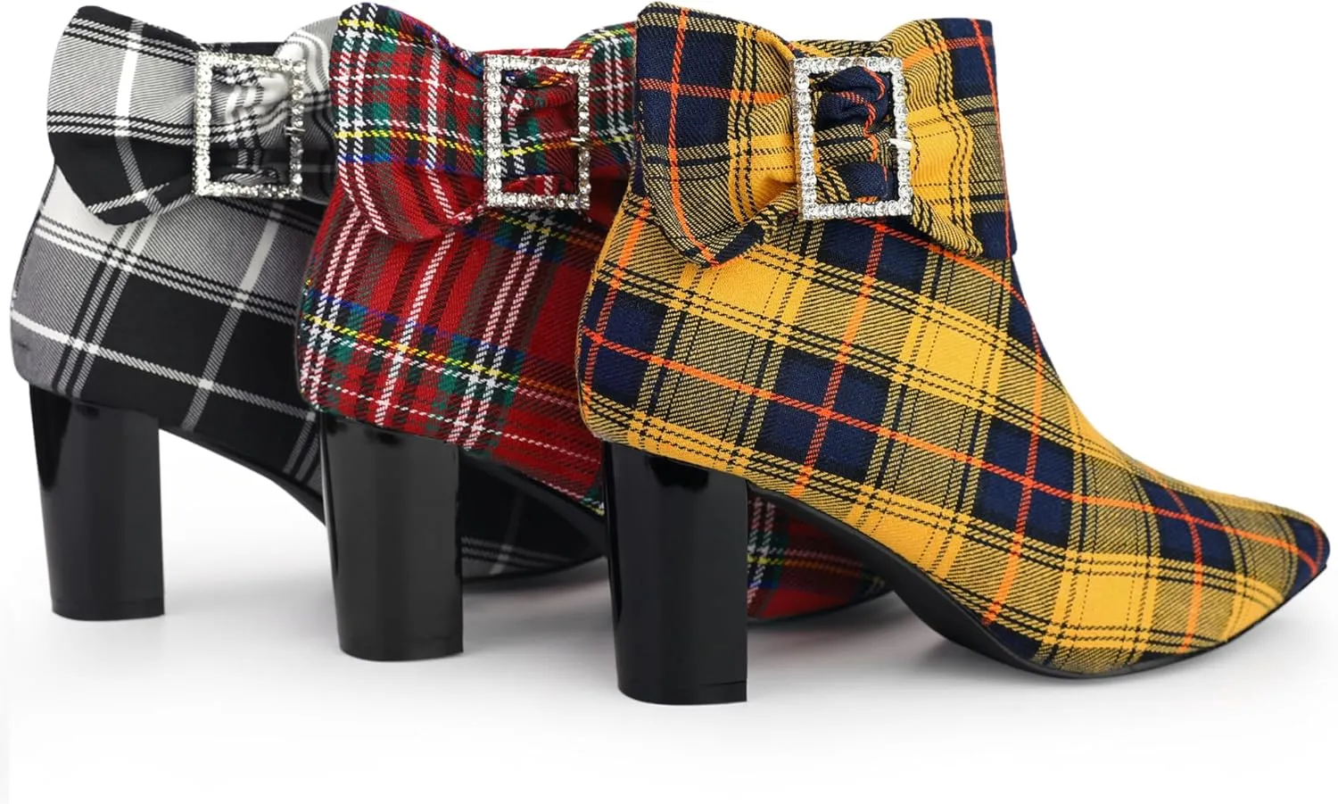 Perphy Plaid Pointy Toe Rhinestone Bow Zipper Chunky Heels Ankle Boots for Women