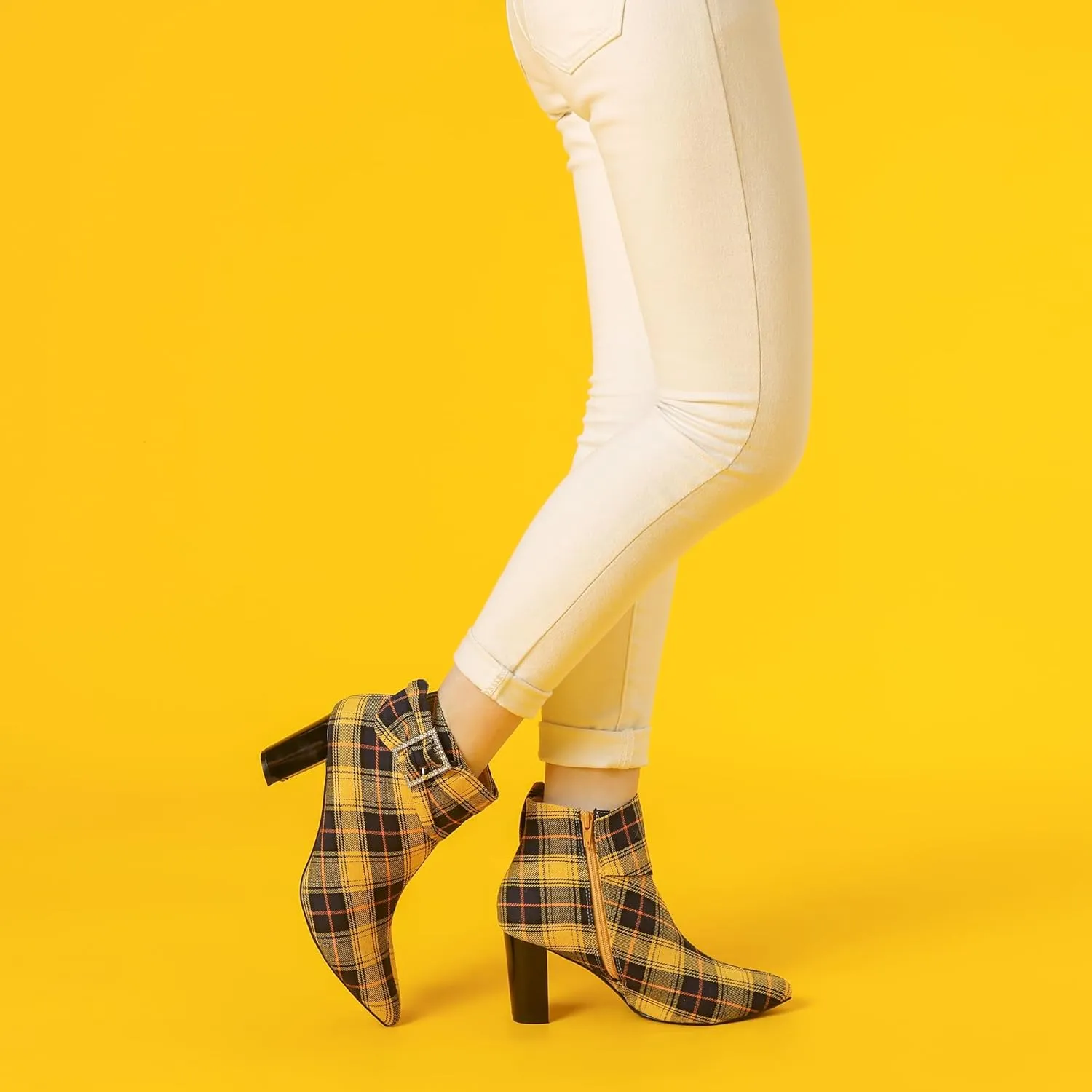 Perphy Plaid Pointy Toe Rhinestone Bow Zipper Chunky Heels Ankle Boots for Women