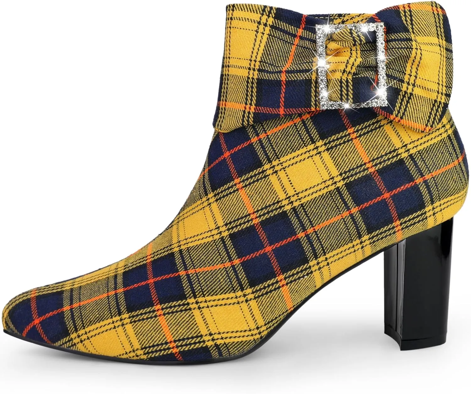 Perphy Plaid Pointy Toe Rhinestone Bow Zipper Chunky Heels Ankle Boots for Women
