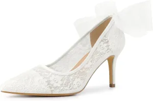 Perphy Pointed Toe Bow Bridal Stiletto Heel Lace Heels Pumps for Women