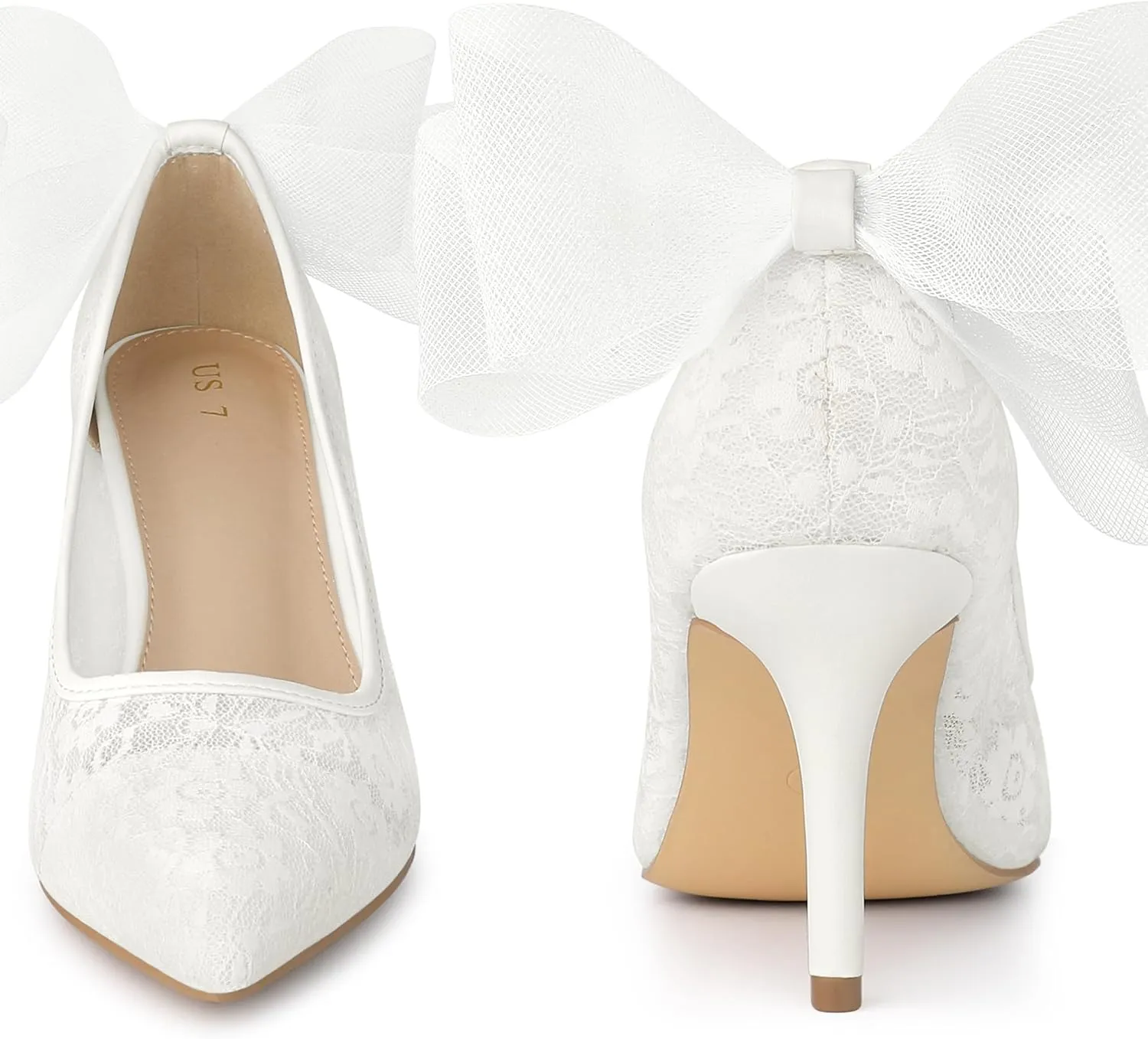 Perphy Pointed Toe Bow Bridal Stiletto Heel Lace Heels Pumps for Women