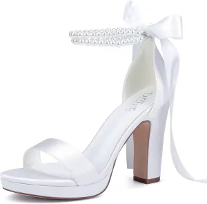 Platform Heels Wedding Shoes for Bride Pearl Heels Open Toe Bridal Shoes Wedding Heeled Sandals