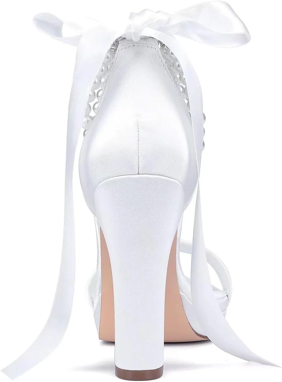 Platform Heels Wedding Shoes for Bride Pearl Heels Open Toe Bridal Shoes Wedding Heeled Sandals