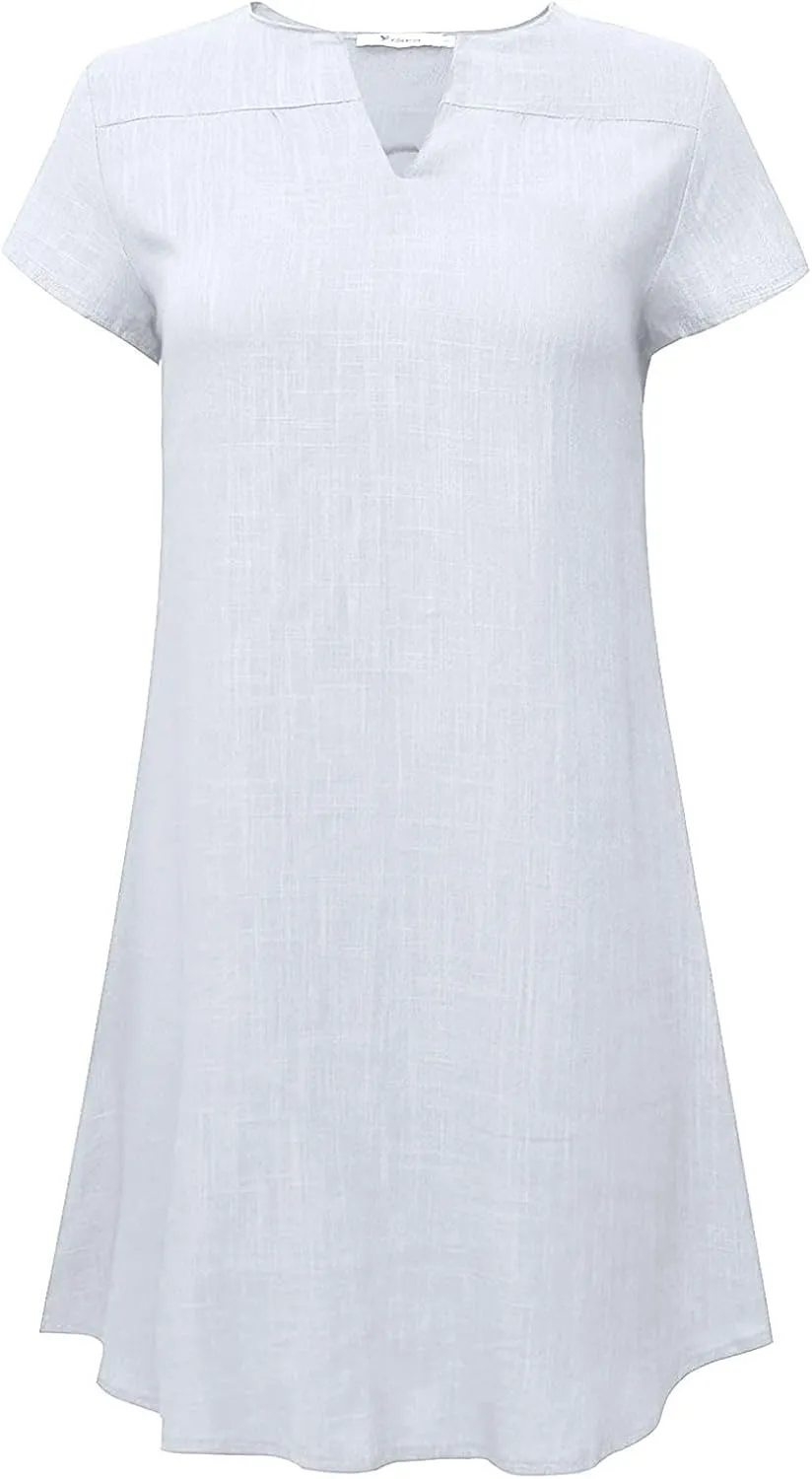 Plus Size Dress for Women Short Sleeve Cotton Linen Dress Summer Solid V-Neck Dress Vacation Boho Dress Sundress