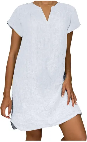 Plus Size Dress for Women Short Sleeve Cotton Linen Dress Summer Solid V-Neck Dress Vacation Boho Dress Sundress