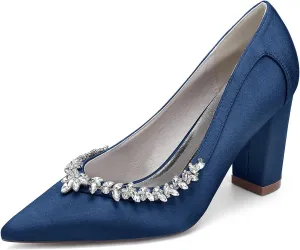 Pointed Toe Chunky Heels for Women Slip on Comfortable Dress Shoes Satin Rhinestones Pumps Sandals for Prom, Work, Wedding