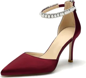 Pointed Toe Pearl Wedding Shoes for Bride White High Heels Satin Bridal Shoes Zipper Back Evening Party Dance Dresses Shoes Pumps for Women