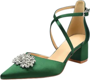 Pointed Toe Satin Wedding Shoes - White Low Heels, Rhinestones, Cross Strappy Block Heels - Comfortable Dress Shoes for Women