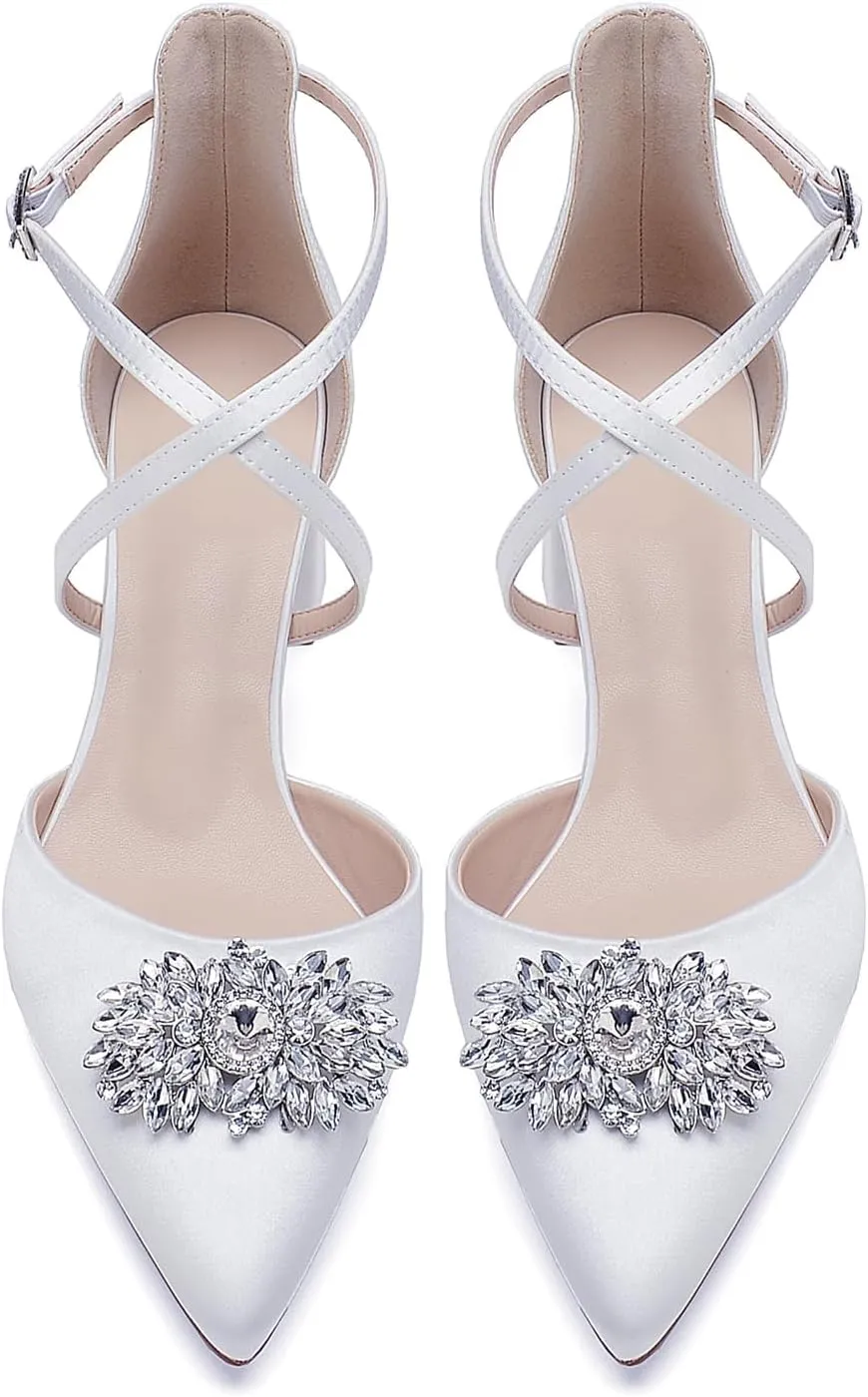 Pointed Toe Satin Wedding Shoes - White Low Heels, Rhinestones, Cross Strappy Block Heels - Comfortable Dress Shoes for Women