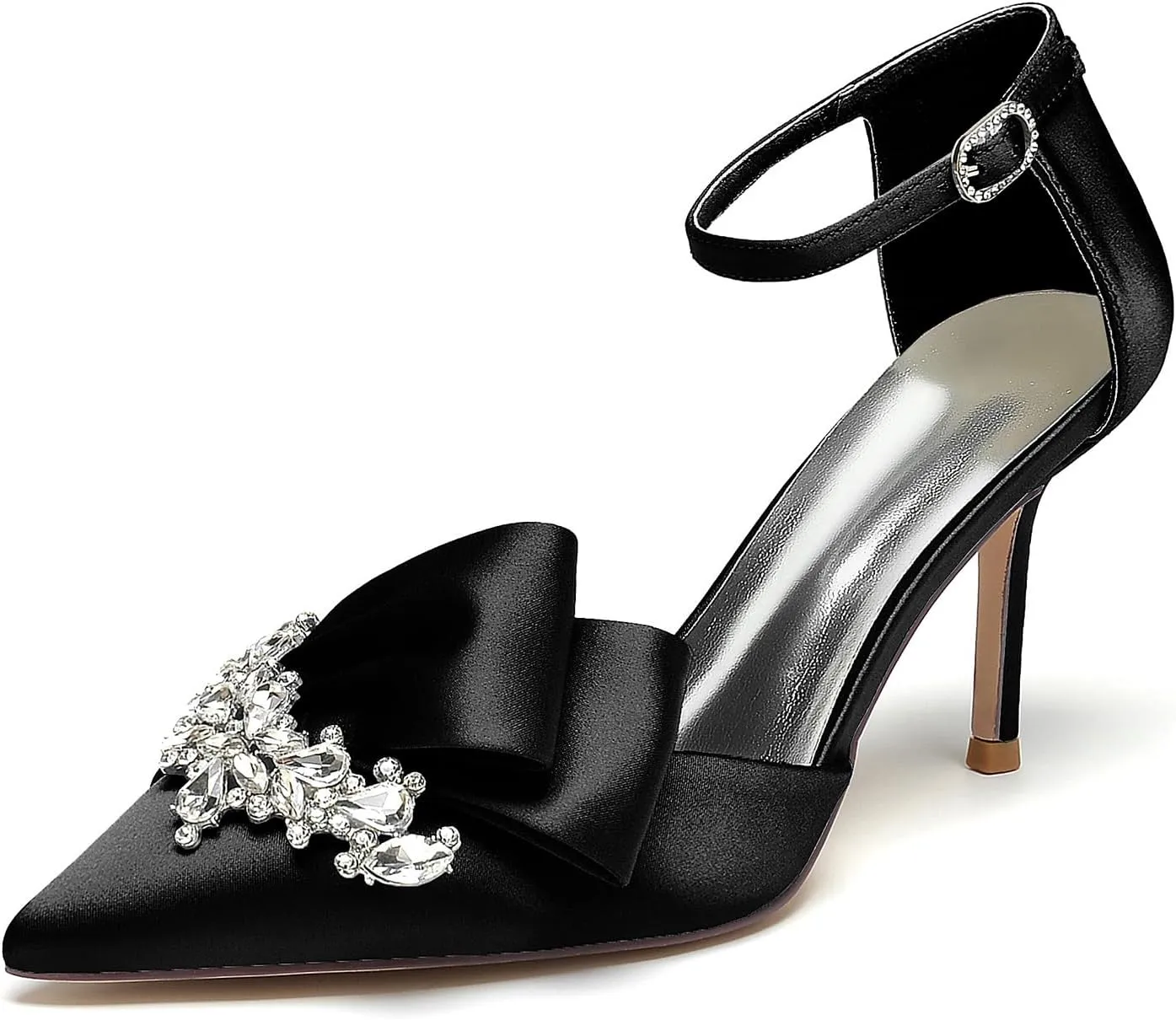 Pointed Toe White Wedding Shoes for Bride High Heels Satin Bridal Shoes Ankle Strap Crystal White Heels Dress Shoes for Women Pumps