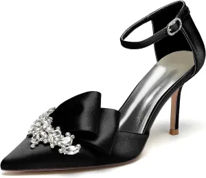 Pointed Toe White Wedding Shoes for Bride High Heels Satin Bridal Shoes Ankle Strap Crystal White Heels Dress Shoes for Women Pumps