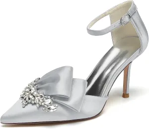 Pointed Toe White Wedding Shoes for Bride High Heels Satin Bridal Shoes Ankle Strap Crystal White Heels Dress Shoes for Women Pumps