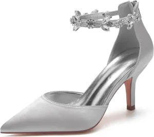 Pointed Toe Women's Bridal 8CM Stiletto Heel Wedding Shoes Rhinestones Sandal Shoes Ankle Strap Zipper Back Pumps Satin Formal Party Prom Evening