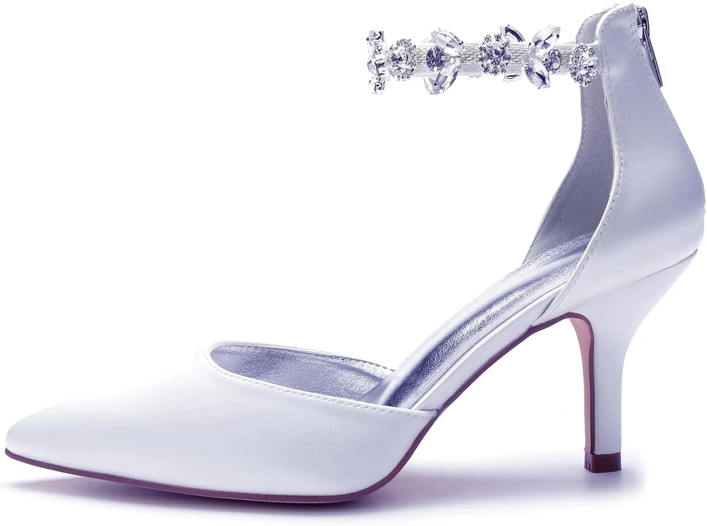 Pointed Toe Women's Bridal 8CM Stiletto Heel Wedding Shoes Rhinestones Sandal Shoes Ankle Strap Zipper Back Pumps Satin Formal Party Prom Evening