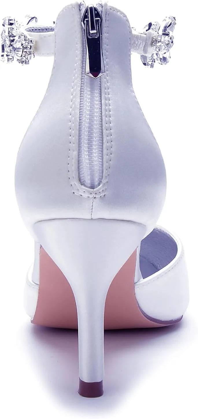 Pointed Toe Women's Bridal 8CM Stiletto Heel Wedding Shoes Rhinestones Sandal Shoes Ankle Strap Zipper Back Pumps Satin Formal Party Prom Evening