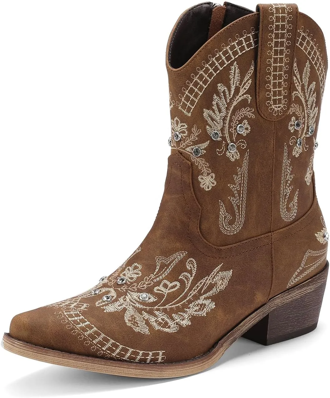 Rhinestone Ankle Cowboy Boots for Women Embroidered Short Cowgirl Boots With Low Heel Side Zipper Comfortable Chunky Heels Western Booties For Prom Party Wedding Pull On Shoes